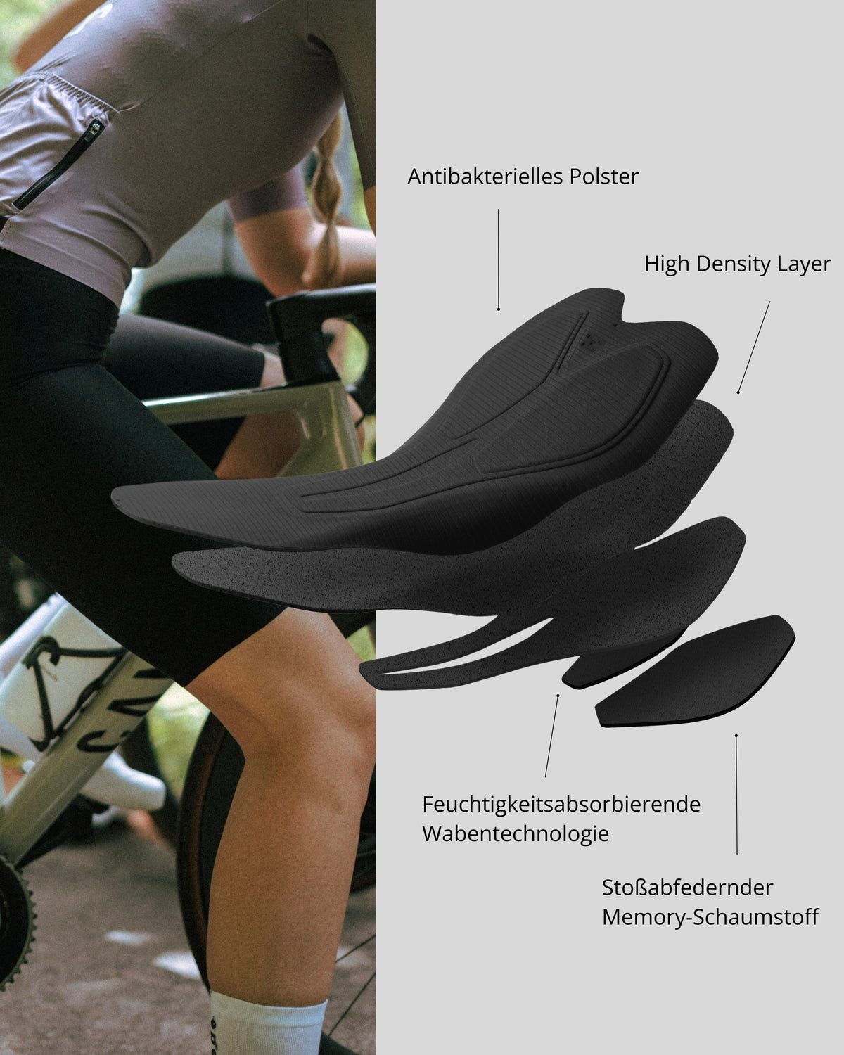 nahtlose Aero Bib Shorts für Damen - Grafik des mehrlagigen Sitzpolsters