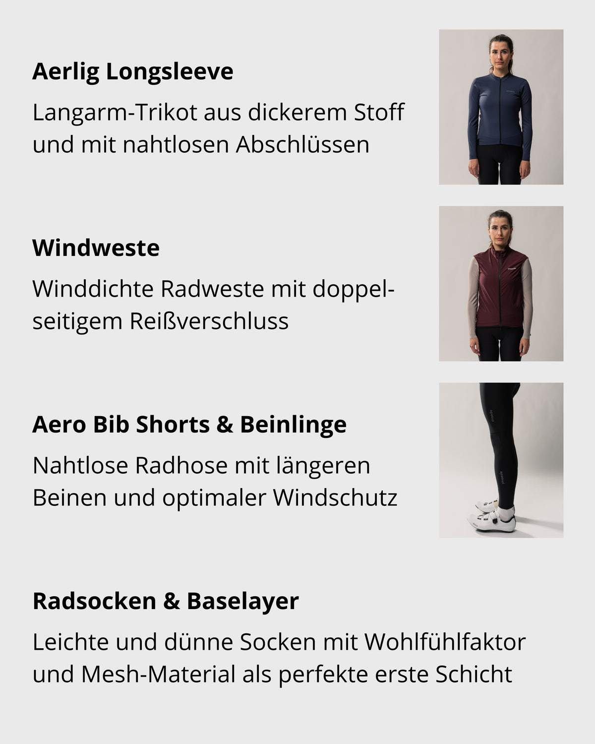 Bestandteile des Bundles: Langarm Trikot Aerlig Longsleeve, Windweste, Aero Bib Shorts, Beinlinge, Radsocken und Baselayer aus Mesh