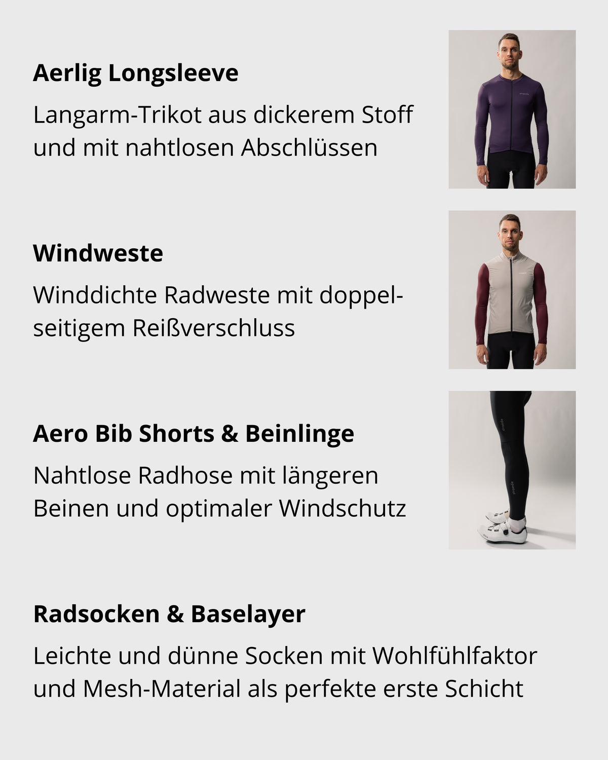 Langarm Trikot Aerlig Longsleeve, Windweste, Aero Bib Shorts, Beinlinge, Radsocken & Baselayer
