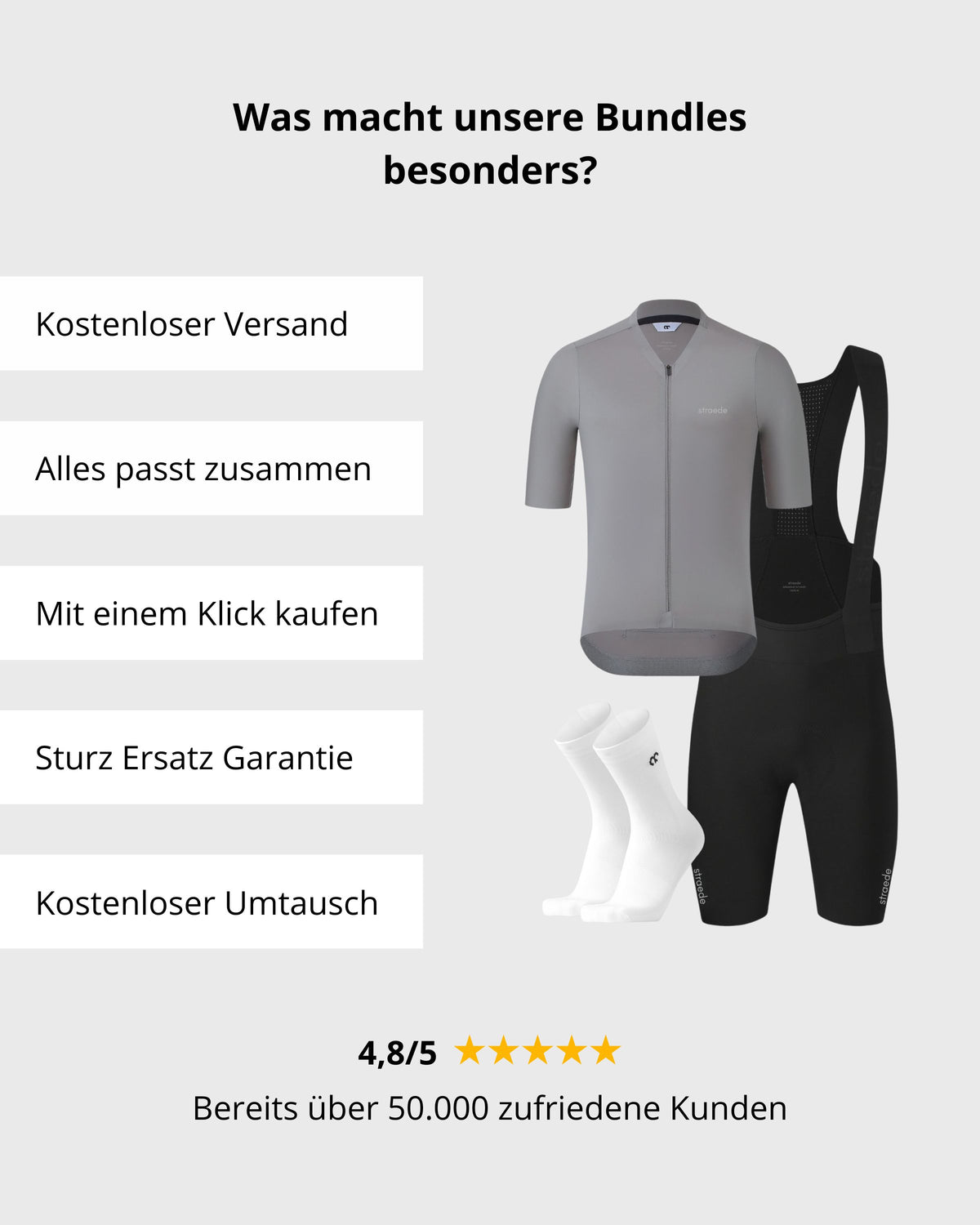 Das macht unsere Bundles besonders: kostenloser Versand, perfektes Match, mit einem Klick bestellen, Sturz Ersatz Garantie & kostenloser Umtausch