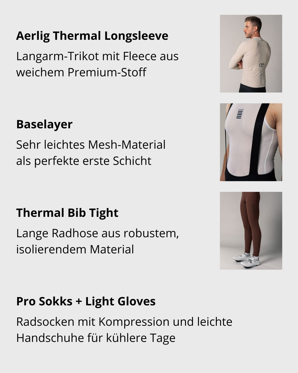 Bestandteile des Bundles: Aerlig Thermal Longsleeve, Baselayer, Thermal Bib Tight, Pro Sokks & Light Gloves