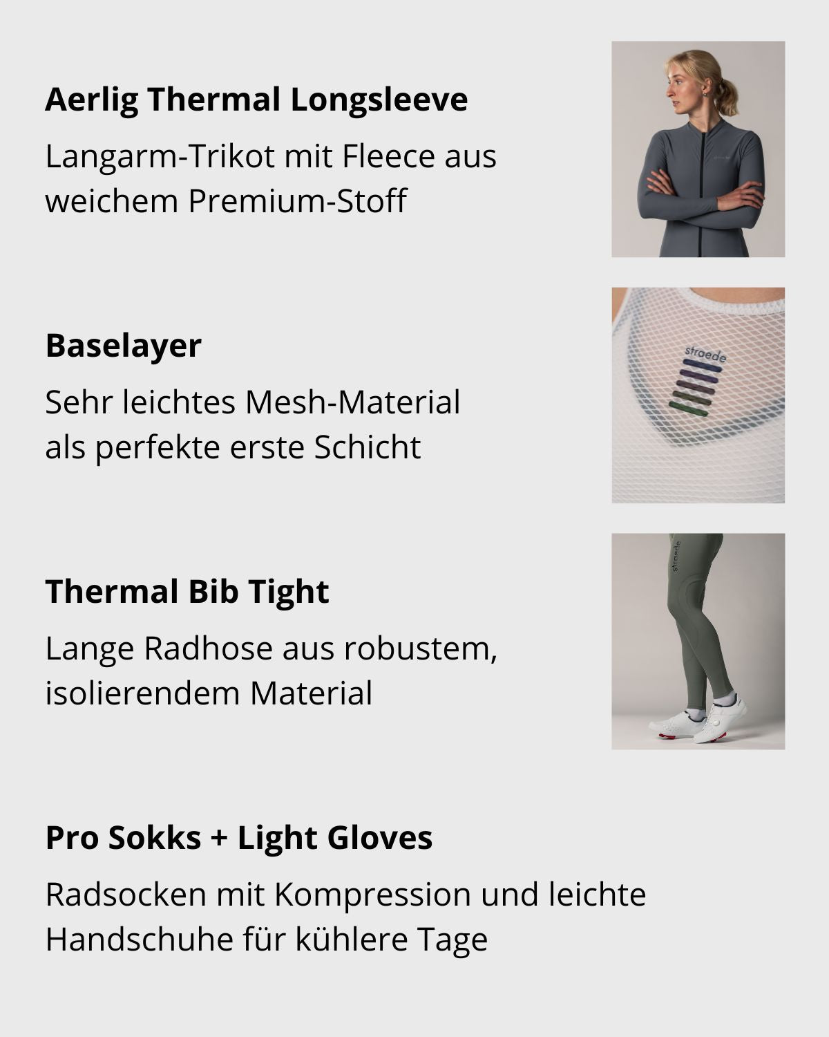 Bestandteile des Bundles: Aerlig Thermal Longsleeve, Baselayer aus Mesh, Thermal Bib Tight, Pro Sokks & Light Gloves