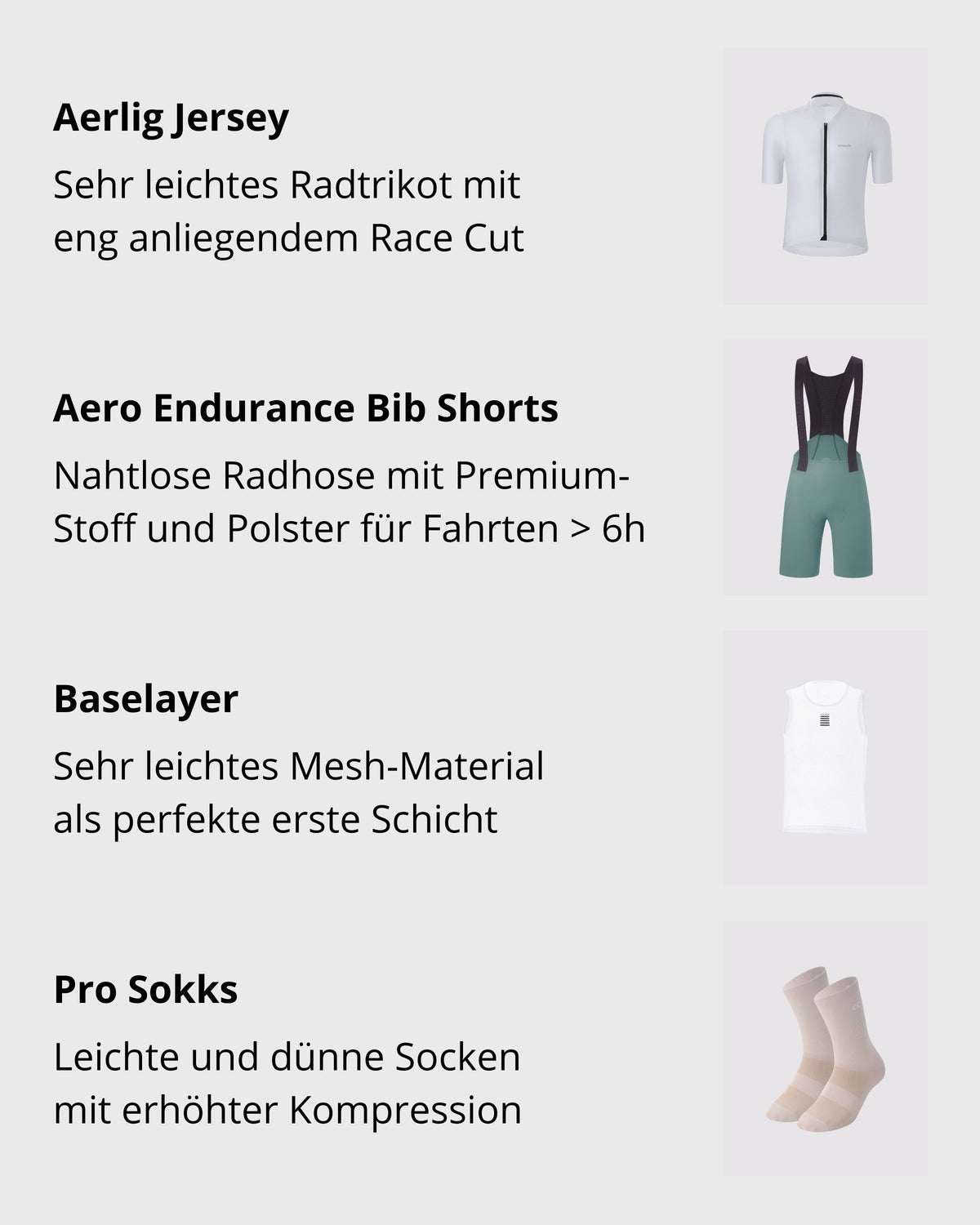 Bestandteile des Bundles: leichtes Radtrikot Aerlig Jersey, Radhose Aero Endurance Bib Shorts, Baselayer aus Mesh & Pro Sokks