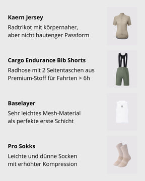 Bestandteile des Bundles: Kurzarm Radtrikot Kaern Jersey, kurze Radhose Cargo Endurance Bib Shorts, Baselayer Mesh & Pro Sokks mit Kompression