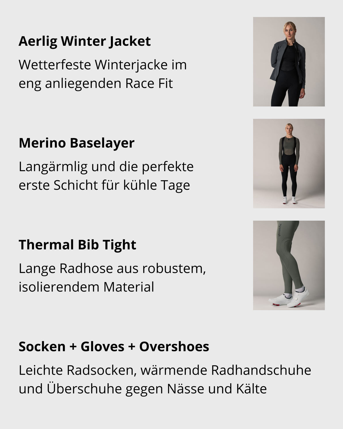 Bestandteile des Bundles: Aerlig Winter Jacket, Baselayer aus Merino, Thermal Bib Tight, Socken, Überschuhe & Handschuhe