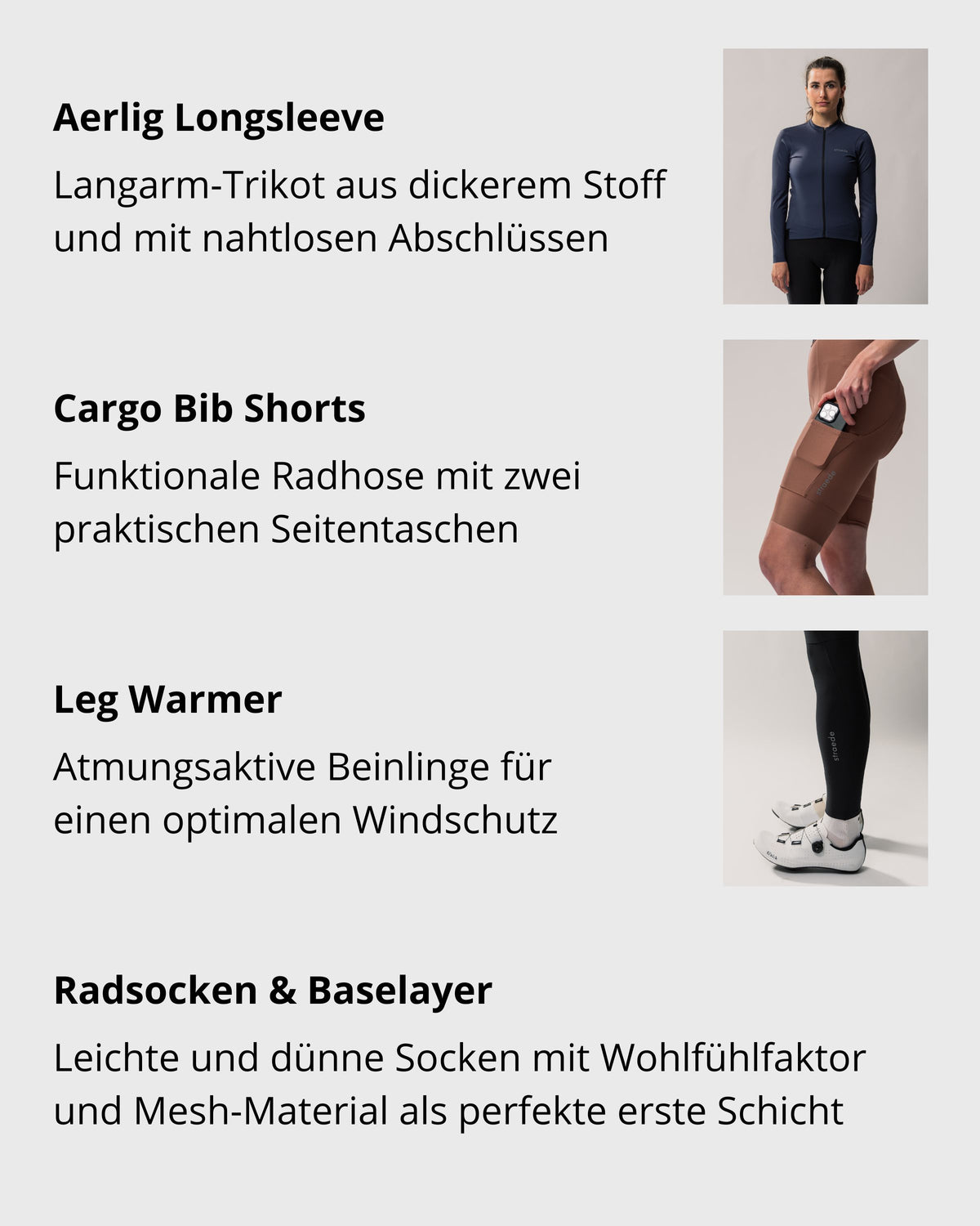 Bestandteile des Bundles: Aerlig Longsleeve, Cargo Bib Shorts, Leg Warmer, Radsocken & Baselayer aus Mesh