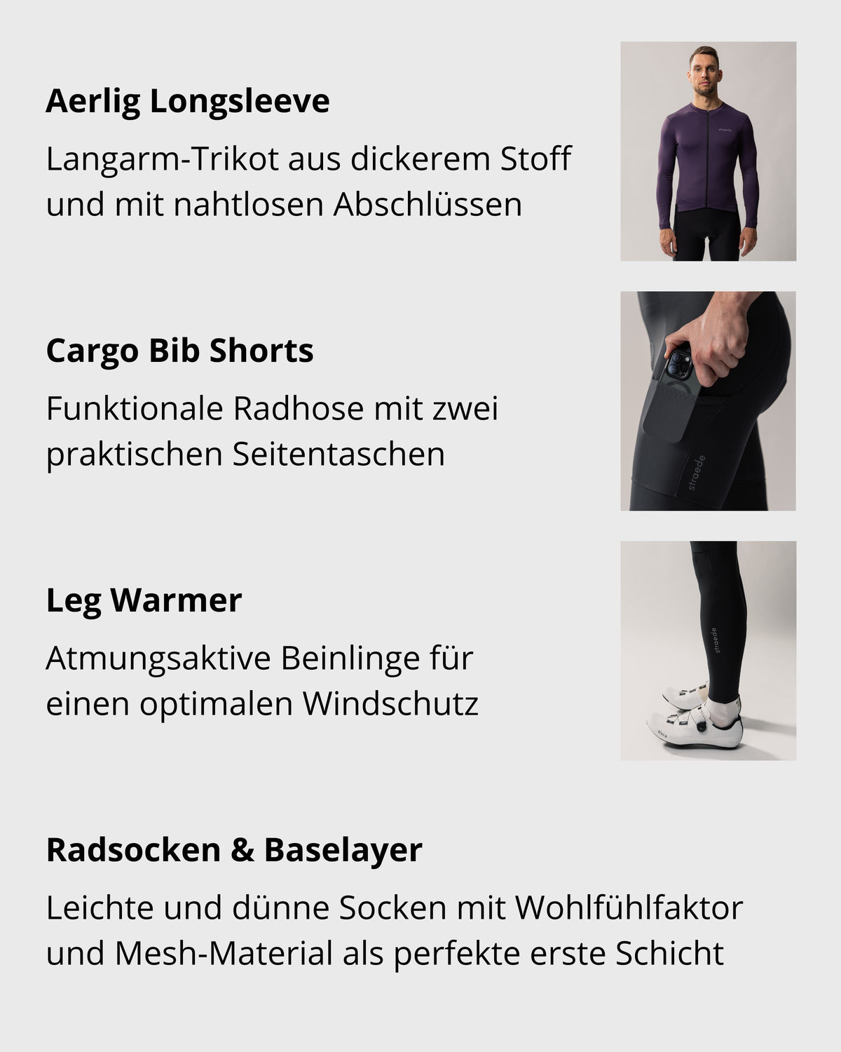 Bestandteile des Bundles: Aerlig Longsleeve, Cargo Bib Shorts, Leg Warmer, Radsocken & Baselayer aus Mesh