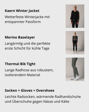 Bestandteile des Bundles: Kaern Winterjacke, Merino Baselayer, Thermal Bib Tight, Socken, Handschuhe & Überschuhe